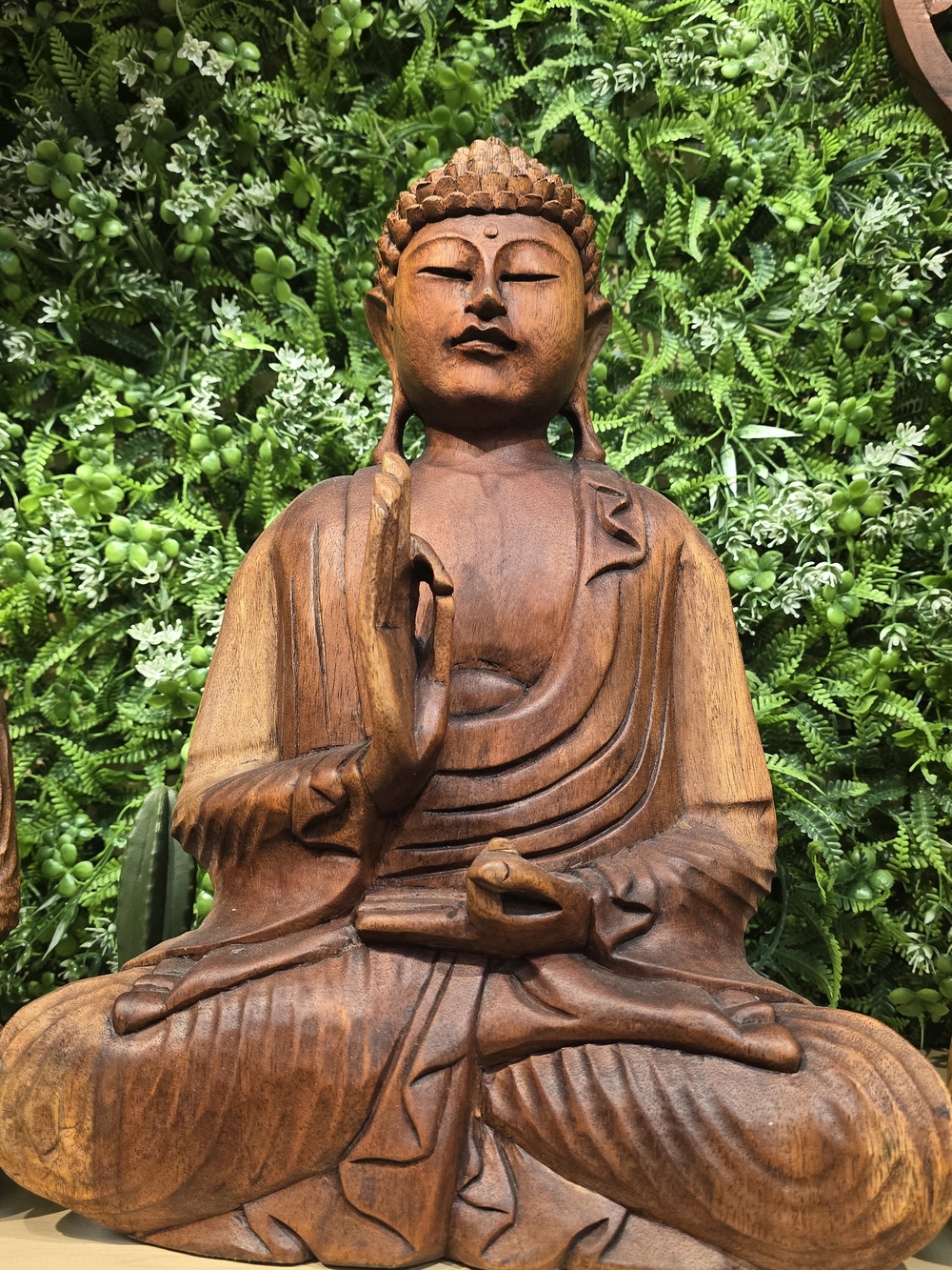 Hand-Carved Wooden Buddha Statue - Natural Brown